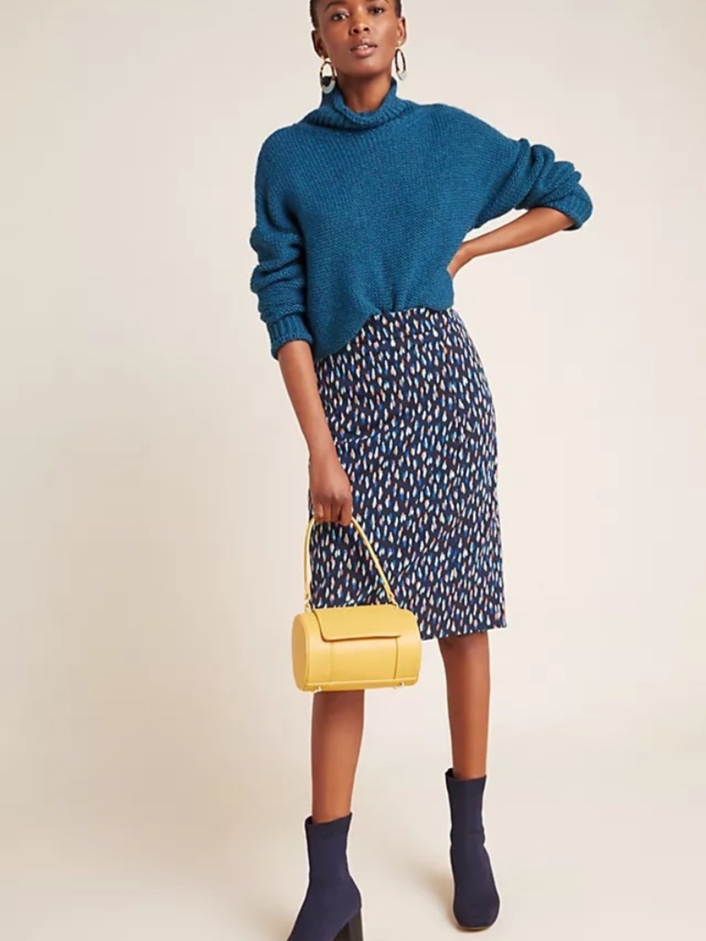 Anthropologie Maeve Debra Navy Orange Faux Wrap Knit Pencil Skirt, 2